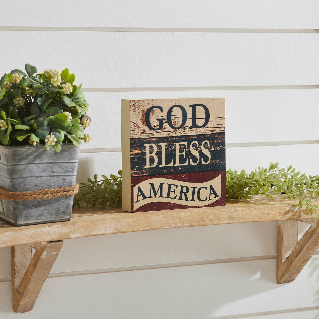 God Bless America White Blue Red MDF Block Sign 6x6x1 VHC Brands