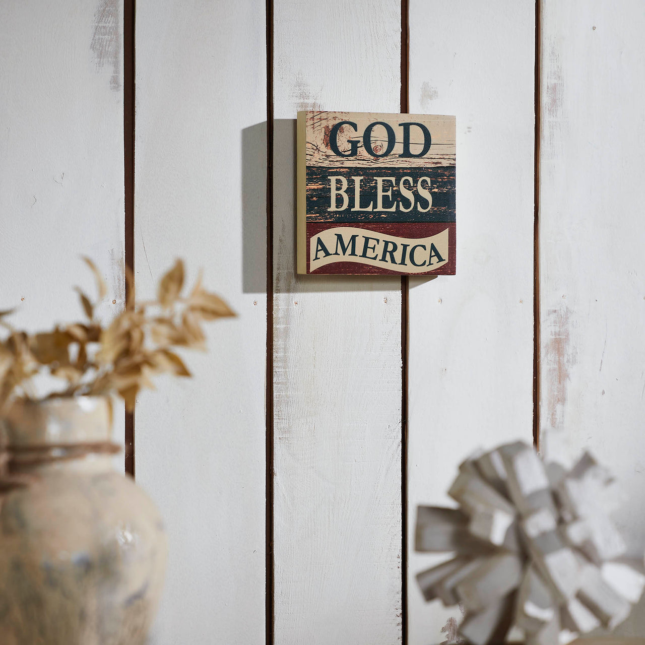 God Bless America White Blue Red MDF Block Sign 6x6x1 VHC Brands