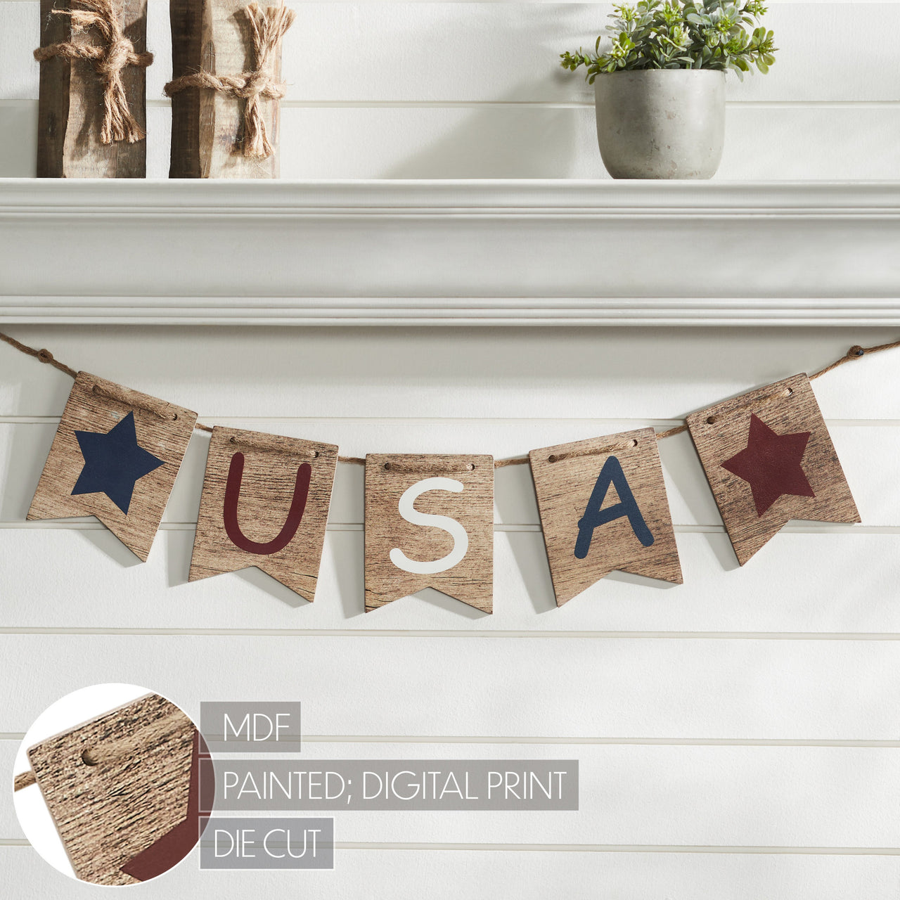 RWB USA And Stars MDF Banner w/ Twine 5x20 VHC Brands