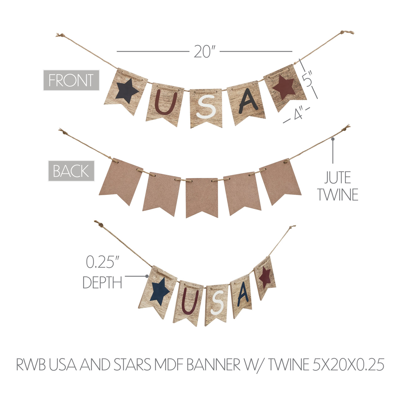 RWB USA And Stars MDF Banner w/ Twine 5x20 VHC Brands