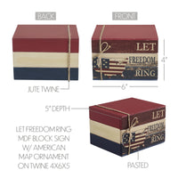 Let Freedom Ring MDF Block Sign w/ American Map Ornament On Twine 4x6x5 - VHC Brands