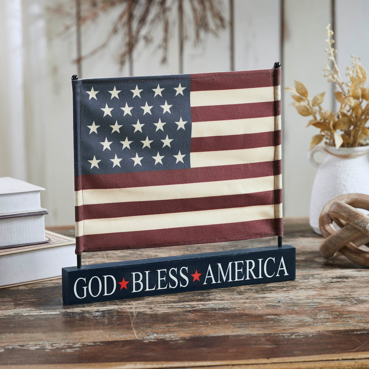 Canvas American Flag on Blue GBA MDF Base Decor 12x14x1 VHC Brands