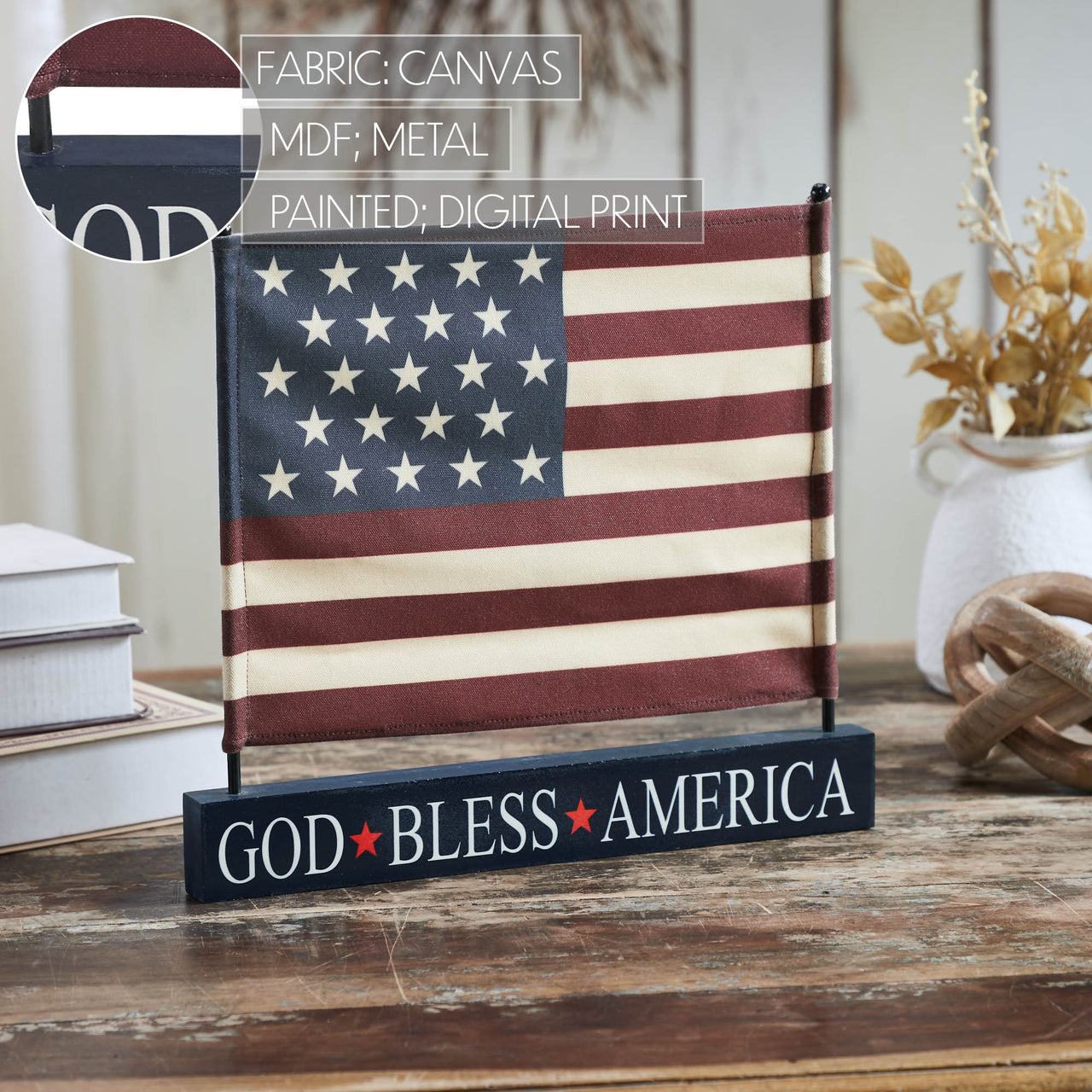 Canvas American Flag on Blue GBA MDF Base Decor 12x14x1 VHC Brands