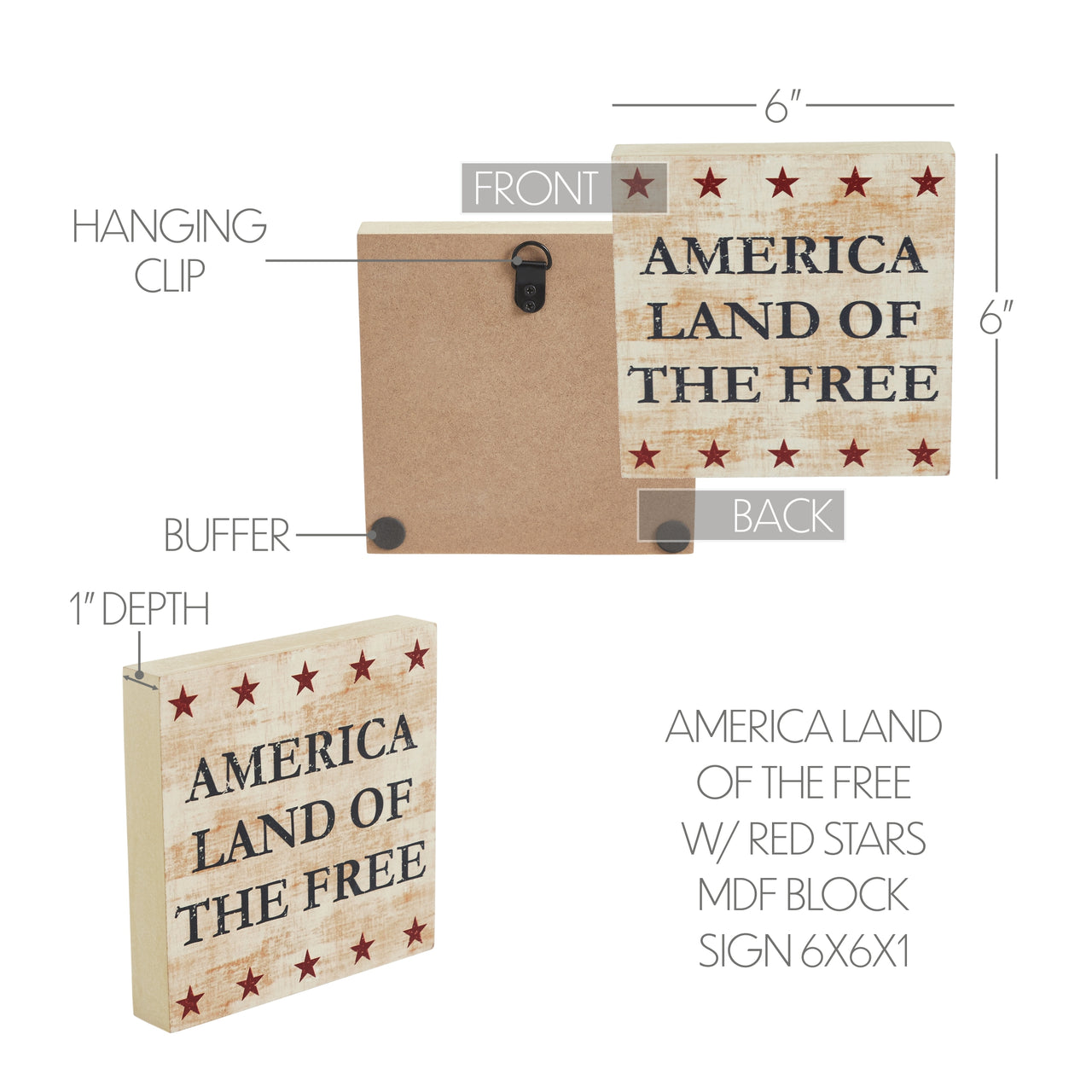 My Country America Land Of The Free w/ Red Stars MDF Block Sign 6x6x1 VHC Brands