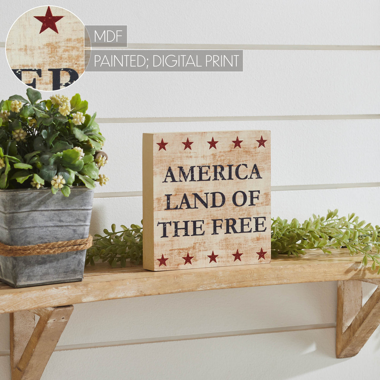 My Country America Land Of The Free w/ Red Stars MDF Block Sign 6x6x1 VHC Brands