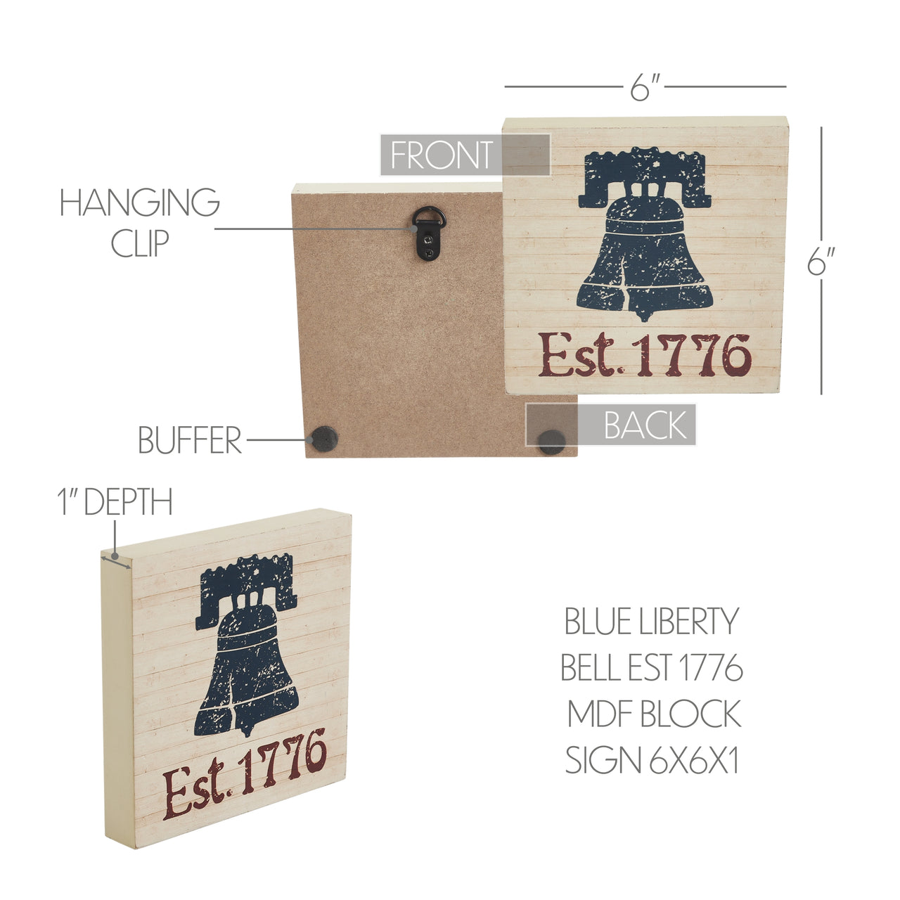 My Country Blue Liberty Bell Est 1776 MDF Block Sign 6x6x1 VHC Brands