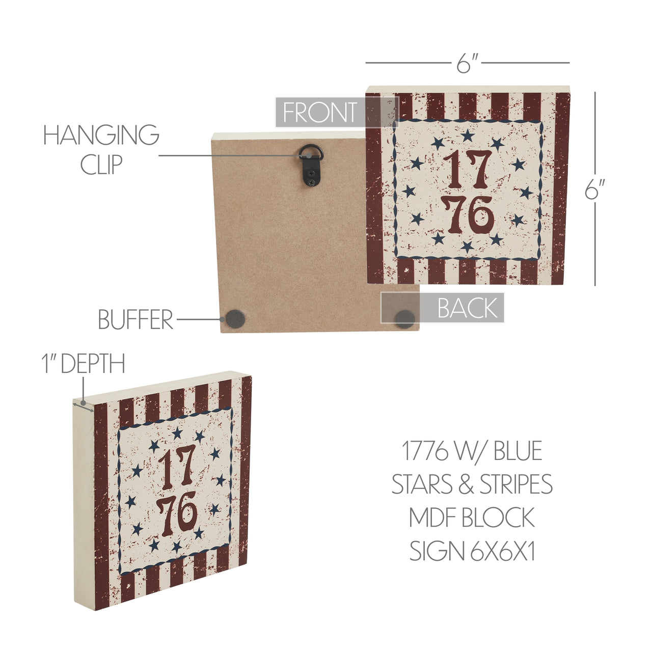 My Country 1776 w/ Blue Stars & Stripes MDF Block Sign 6x6x1 VHC Brands