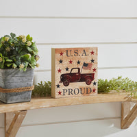 My Country USA Proud Red Truck w/ Red & Blue Stars MDF Block Sign 6x6x1 VHC Brands