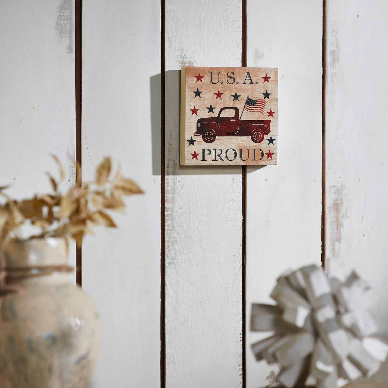 My Country USA Proud Red Truck w/ Red & Blue Stars MDF Block Sign 6x6x1 VHC Brands