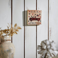 My Country USA Proud Red Truck w/ Red & Blue Stars MDF Block Sign 6x6x1 VHC Brands