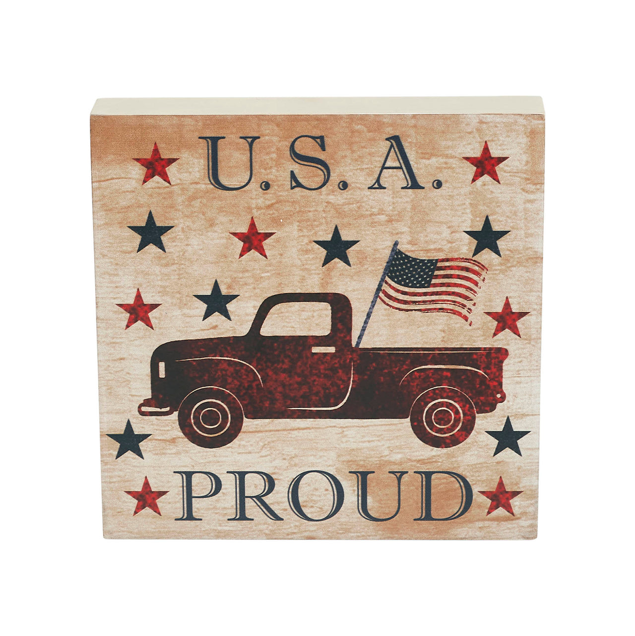 My Country USA Proud Red Truck w/ Red & Blue Stars MDF Block Sign 6x6x1 VHC Brands