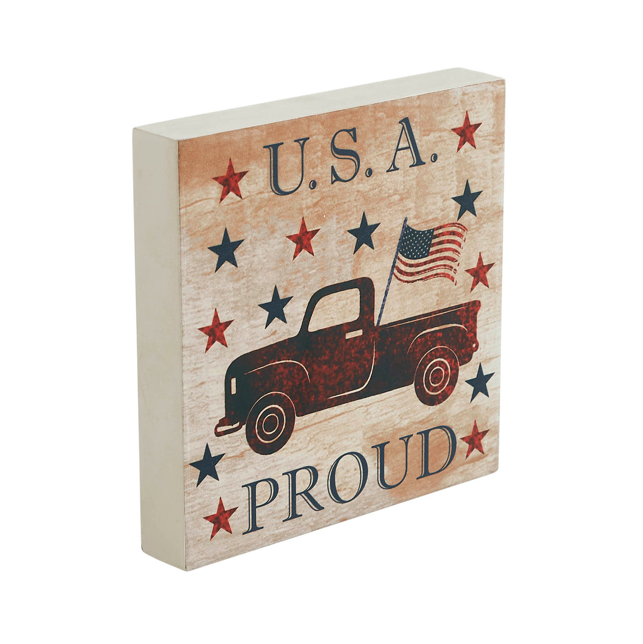 My Country USA Proud Red Truck w/ Red & Blue Stars MDF Block Sign 6x6x1 VHC Brands