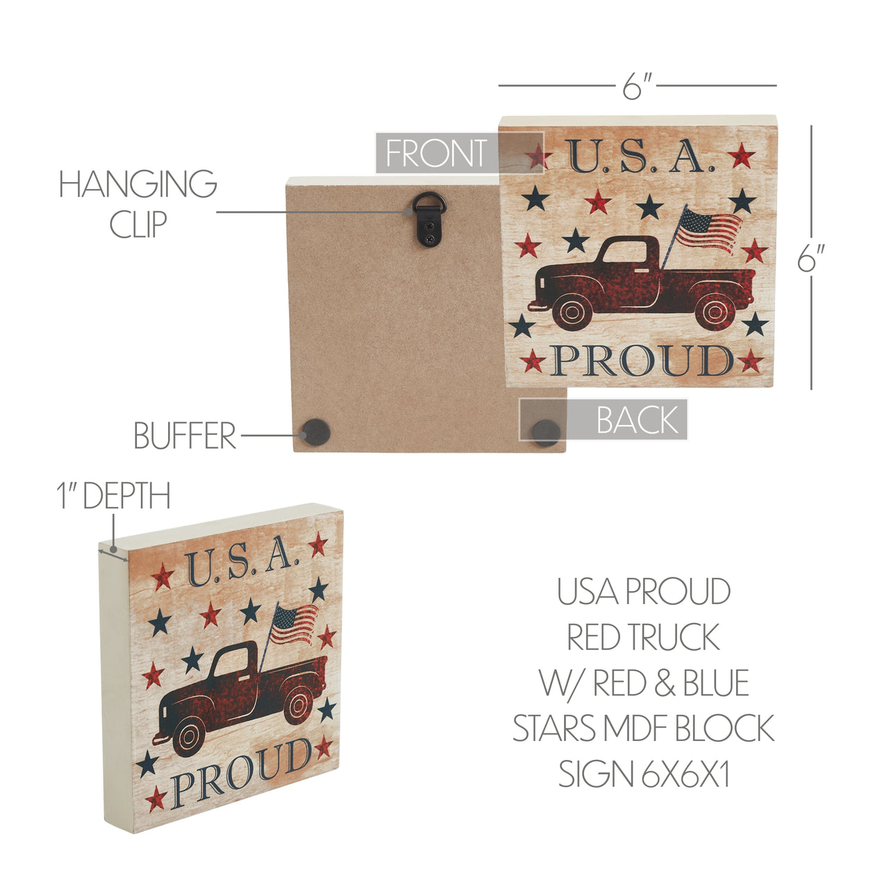 My Country USA Proud Red Truck w/ Red & Blue Stars MDF Block Sign 6x6x1 VHC Brands