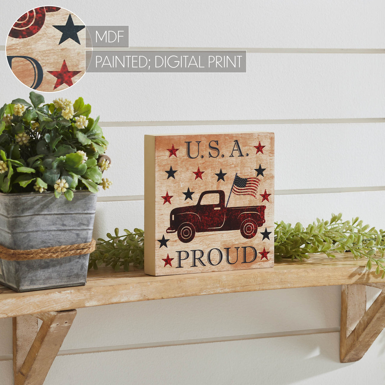 My Country USA Proud Red Truck w/ Red & Blue Stars MDF Block Sign 6x6x1 VHC Brands
