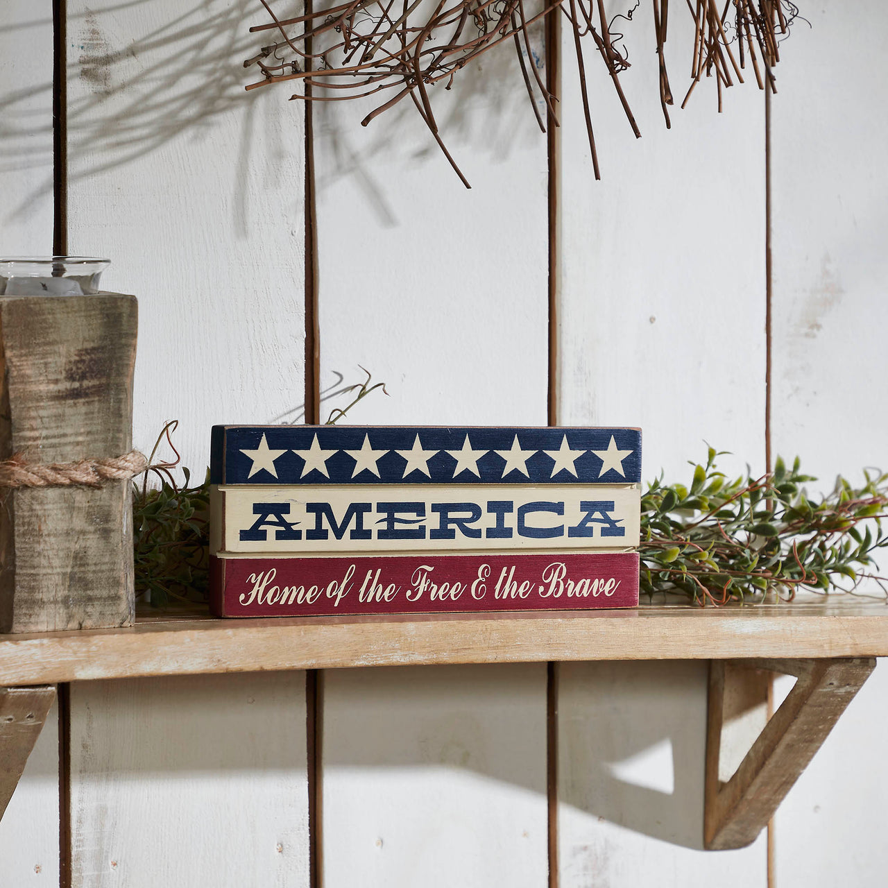 AMERICA Home Of The Free And The Brave w/ White Stars On Blue Stripe MDF Sign 3.5x9 - VHC Brands