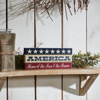 AMERICA Home Of The Free And The Brave w/ White Stars On Blue Stripe MDF Sign 3.5x9 - VHC Brands