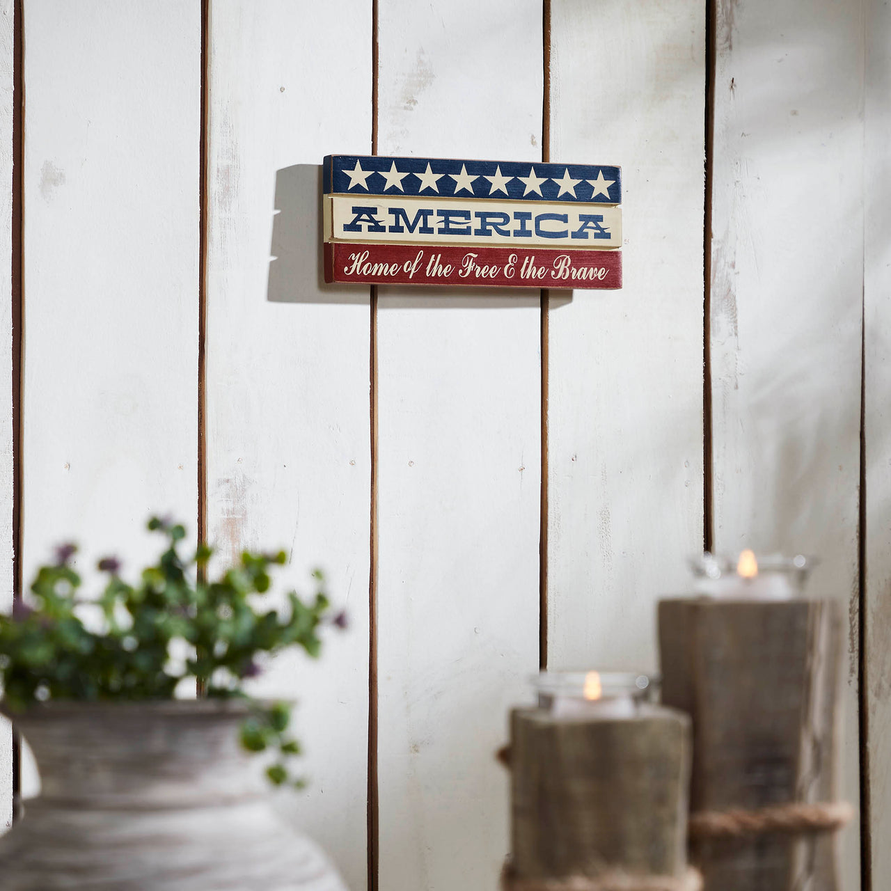 AMERICA Home Of The Free And The Brave w/ White Stars On Blue Stripe MDF Sign 3.5x9 - VHC Brands