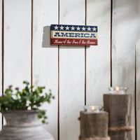 AMERICA Home Of The Free And The Brave w/ White Stars On Blue Stripe MDF Sign 3.5x9 - VHC Brands