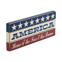 AMERICA Home Of The Free And The Brave w/ White Stars On Blue Stripe MDF Sign 3.5x9 - VHC Brands
