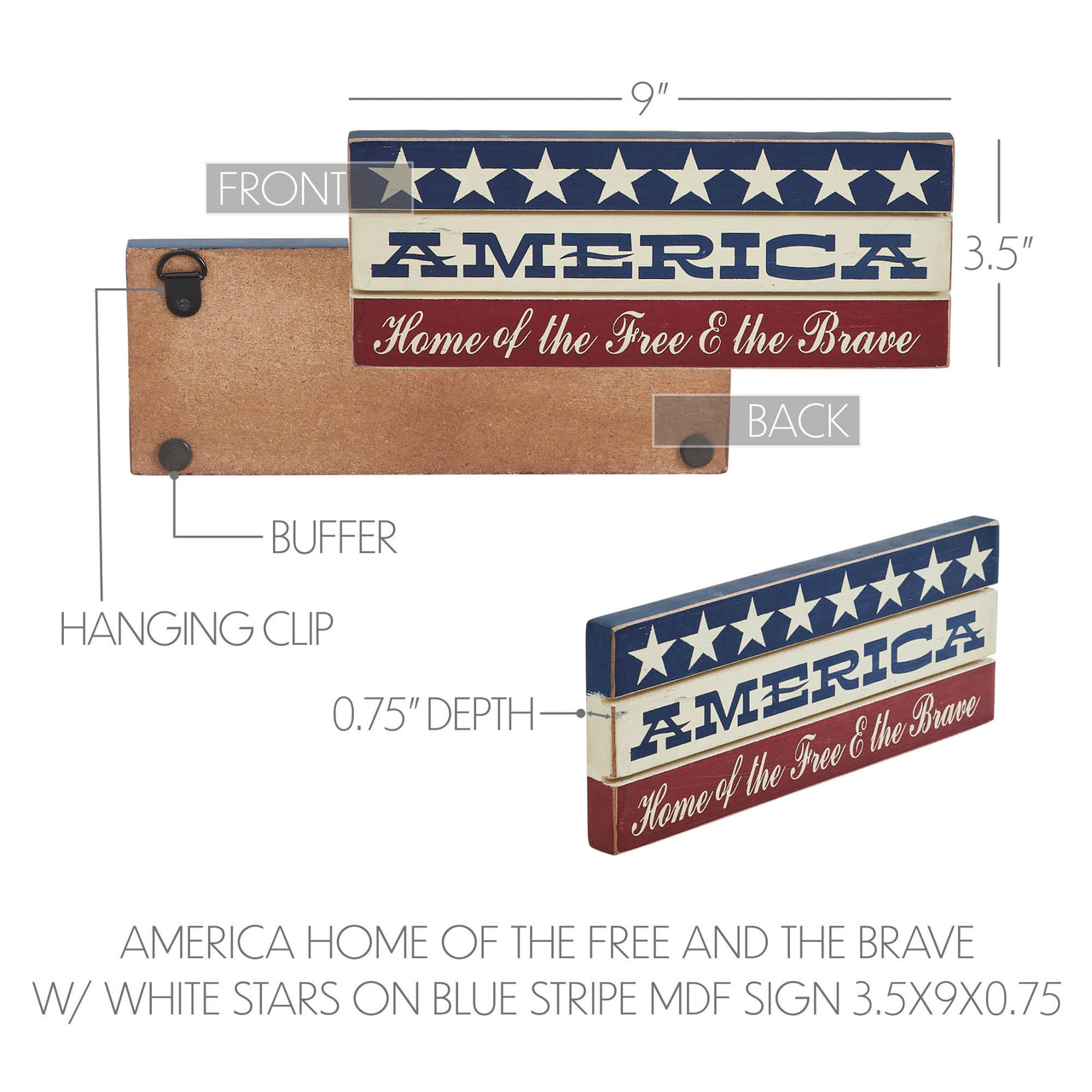 AMERICA Home Of The Free And The Brave w/ White Stars On Blue Stripe MDF Sign 3.5x9 - VHC Brands