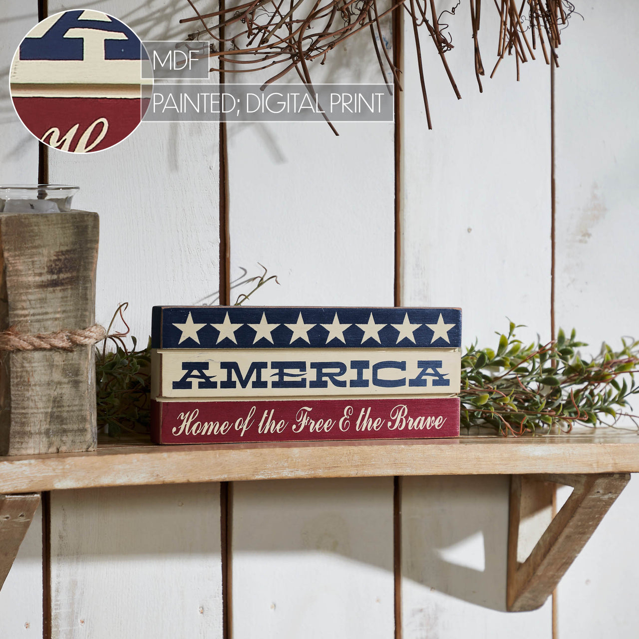 AMERICA Home Of The Free And The Brave w/ White Stars On Blue Stripe MDF Sign 3.5x9 - VHC Brands