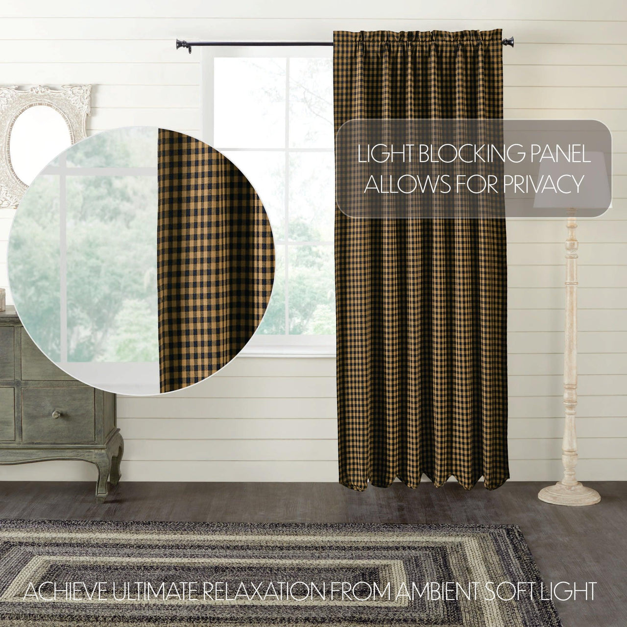 Black Check Blackout Panel Scalloped 84x50 VHC Brands - The Fox Decor
