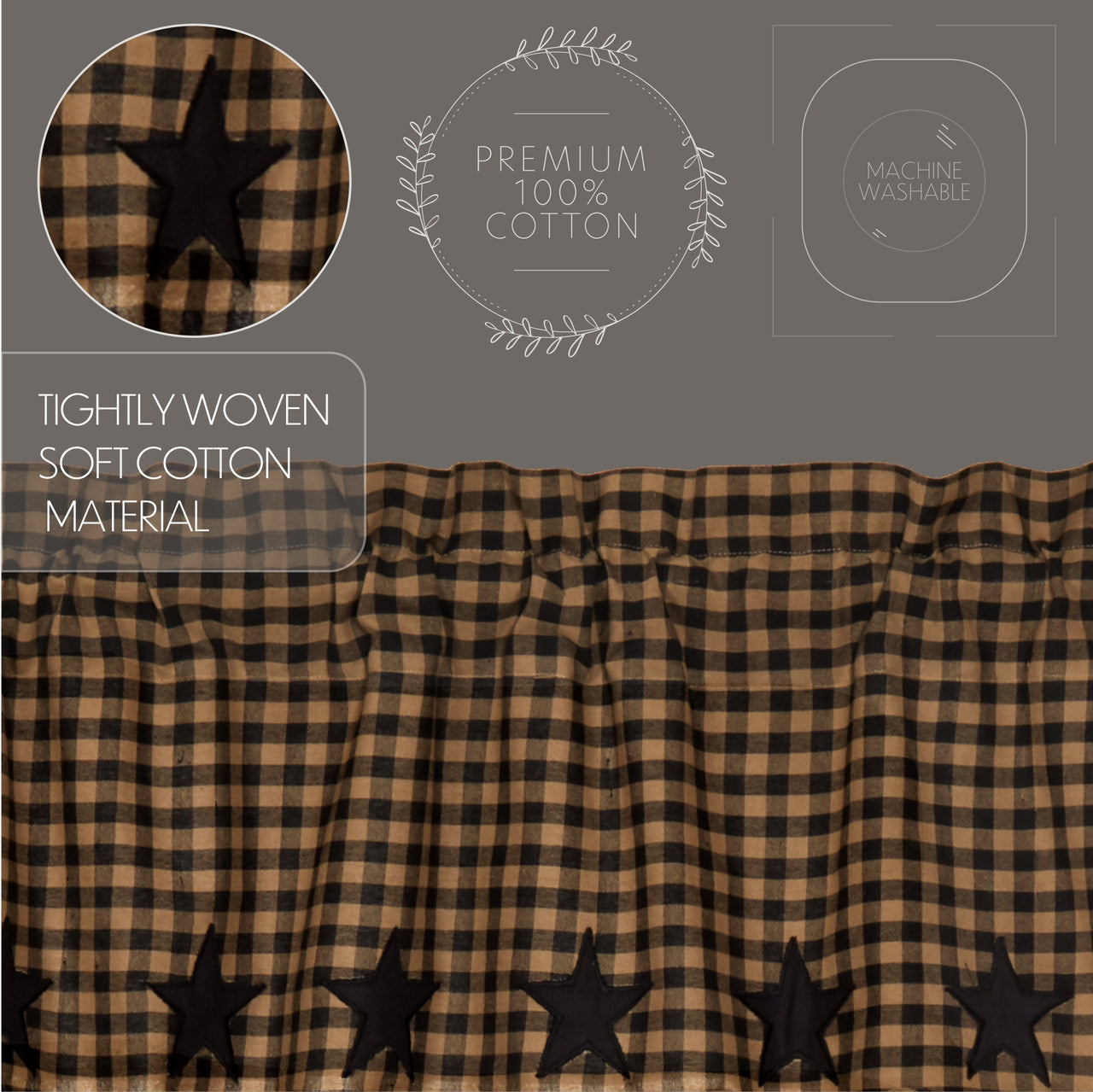 Black Star Door Panel Curtain with Attached Scalloped Layered Valance 72"x40" - The Fox Decor