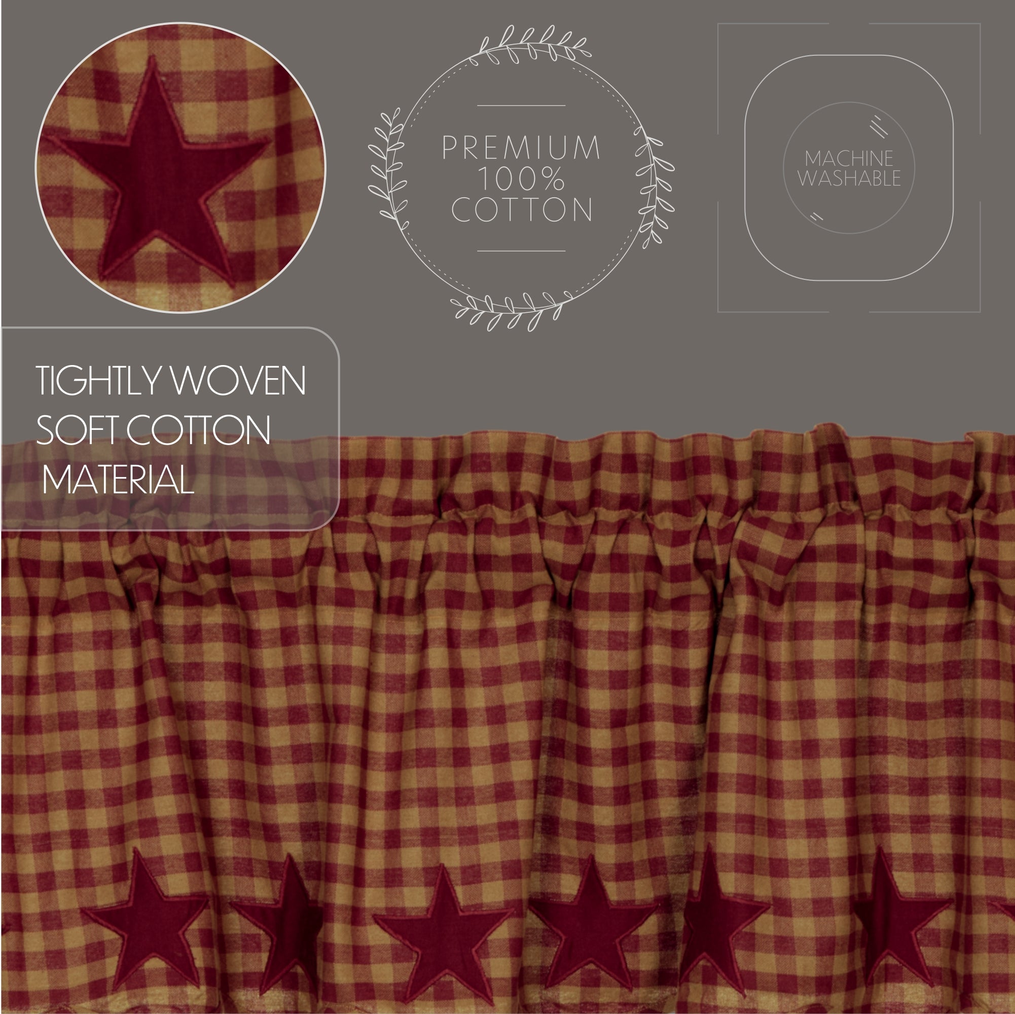 Burgundy Star Door Panel with Attached Scalloped Layered Valance 72