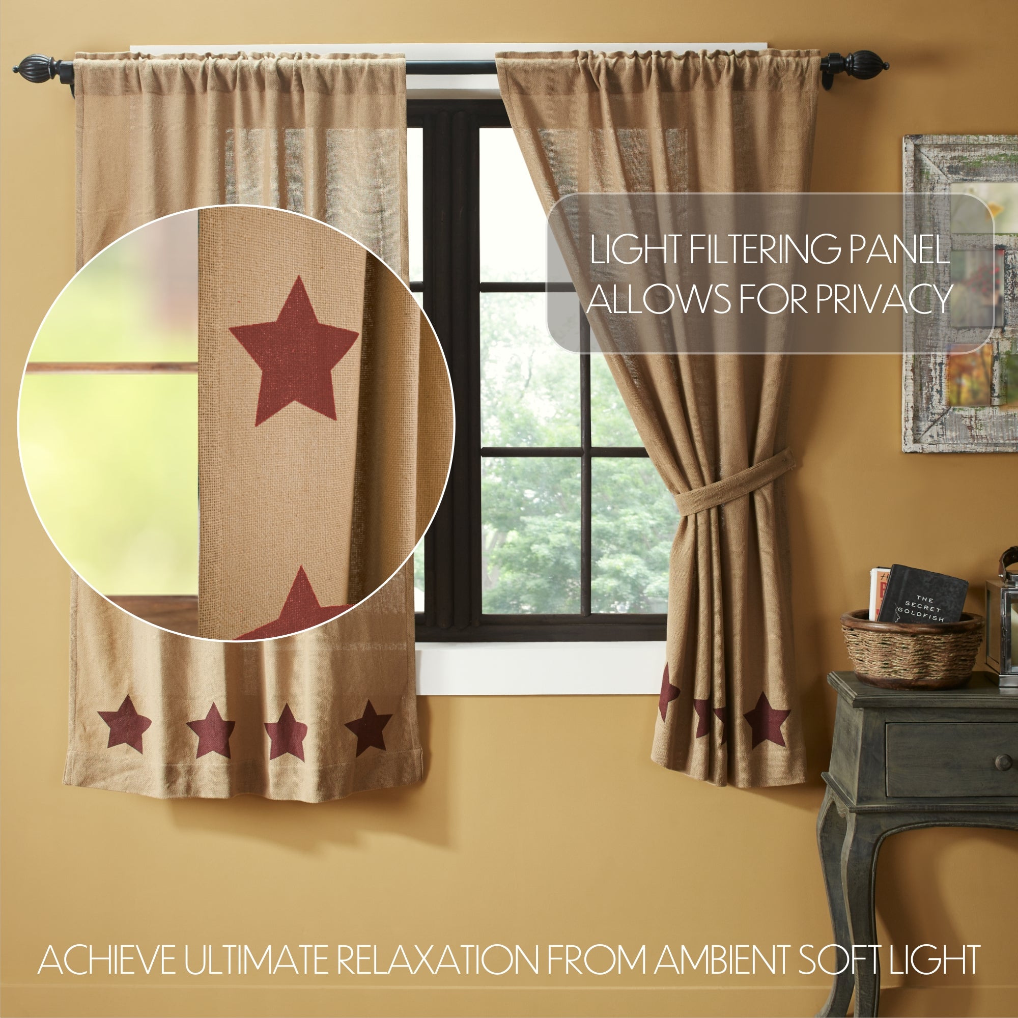Burlap w/Burgundy Stencil Stars Short Panel Country Curtain Set of 2 36