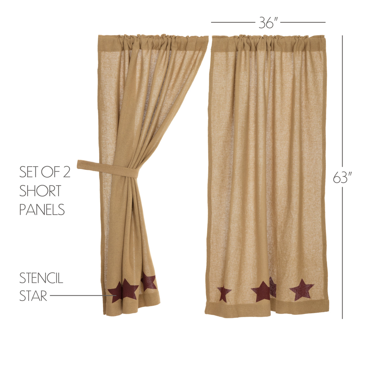 Burlap w/Burgundy Stencil Stars Short Panel Country Curtain Set of 2 36"x63" - The Fox Decor