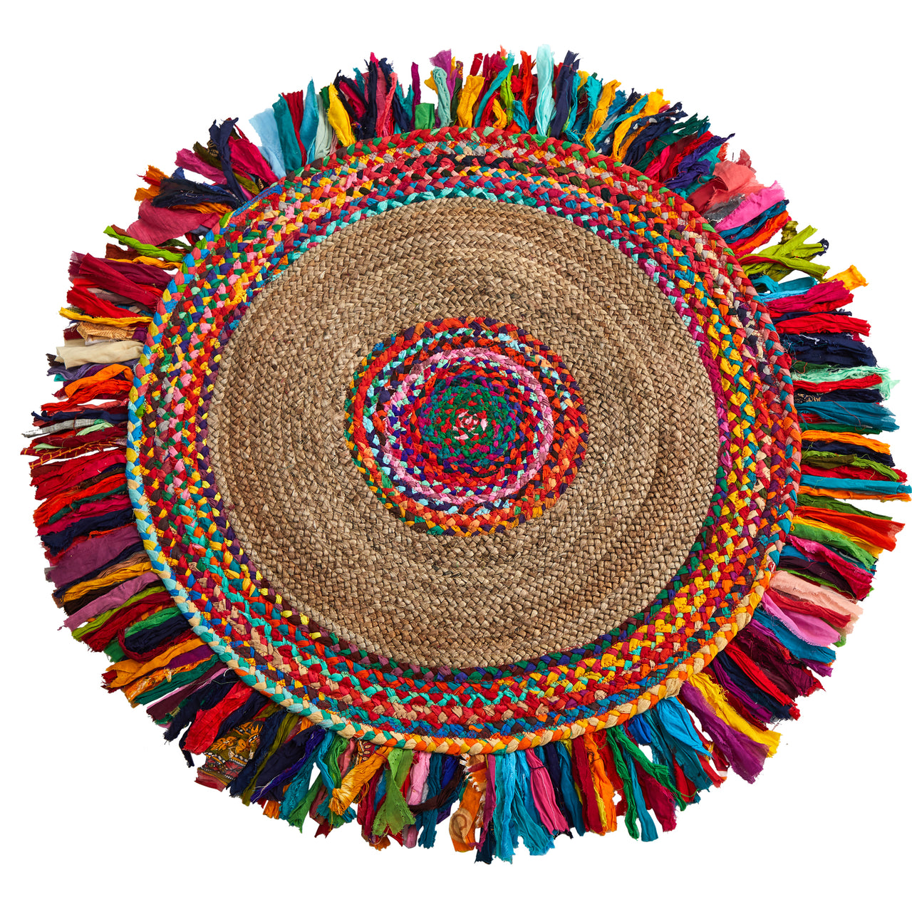 Handmade Woven Chindi Jute Braided Rug With Colorful Fringe 3' - Nearly Natural