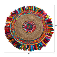 Thumbnail for Handmade Woven Chindi Jute Braided Rug With Colorful Fringe 3' - Nearly Natural
