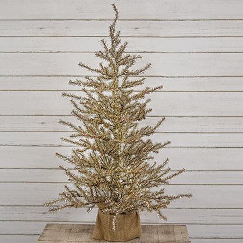 Antiqued Silver Tinsel Tree w Burlap Base 3ft - The Fox Decor