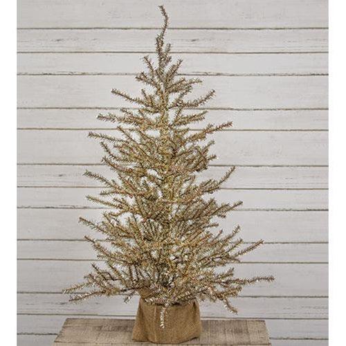 Antiqued Silver Tinsel Tree w Burlap Base 4ft