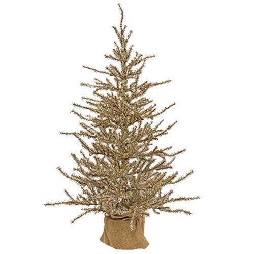 Antiqued Silver Tinsel Tree w Burlap Base 4ft