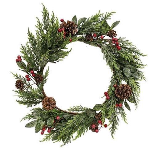 Glittered Cedar Wreath w Pinecones & Berries - The Fox Decor