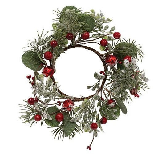 Snowy Holiday Red Berry & Bell Candle Ring