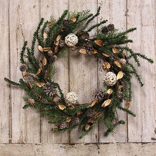 Birch Cone Pod & Glitter Rattan Ball Pine Wreath - The Fox Decor