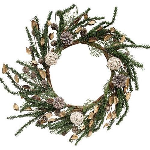 Birch Cone Pod & Glitter Rattan Ball Pine Wreath - The Fox Decor