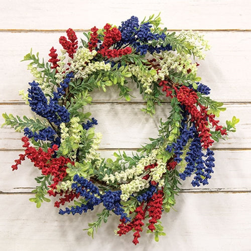 Red White & Blue Heather & Boxwood Wreath 18