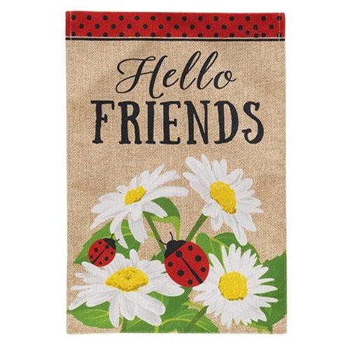 Hello Friends Daisies and Ladybugs Burlap Garden Flag - The Fox Decor