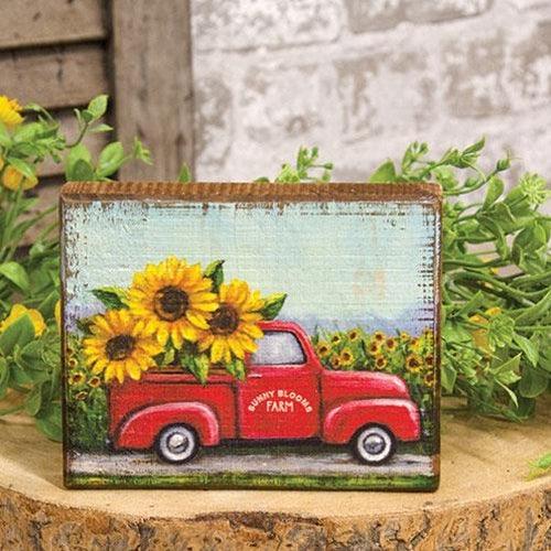 Sunny Blooms Farm Sunflower Truck Distressed Block Sign - The Fox Decor