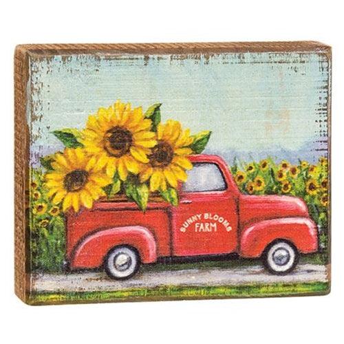 Sunny Blooms Farm Sunflower Truck Distressed Block Sign - The Fox Decor