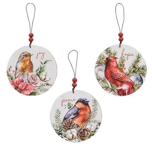 3 Set Round Wooden Winter Bird Ornaments - The Fox Decor