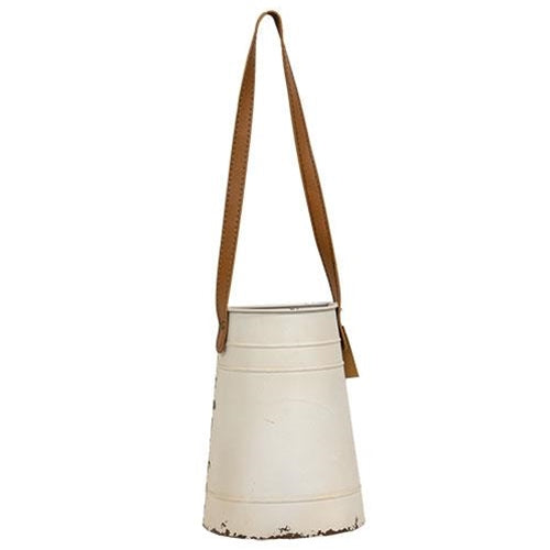 Distressed Cream Metal Wall Bucket w Leather Hanger