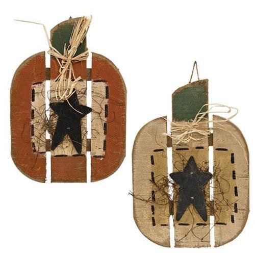 Rustic Wood Small Slat Pumpkin 2 Black Star 2 Asstd - The Fox Decor