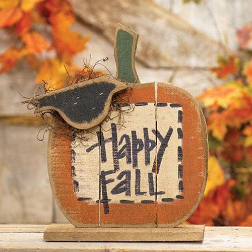 Rustic Wood Happy Fall Pumpkin w Crow on Base - The Fox Decor