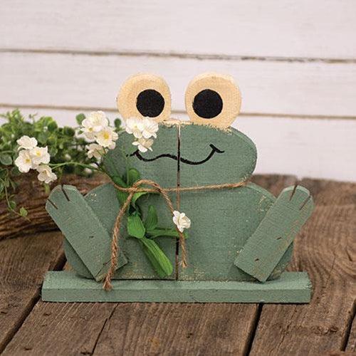 Rustic Wood Happy Frog on Base w Flowers - The Fox Decor