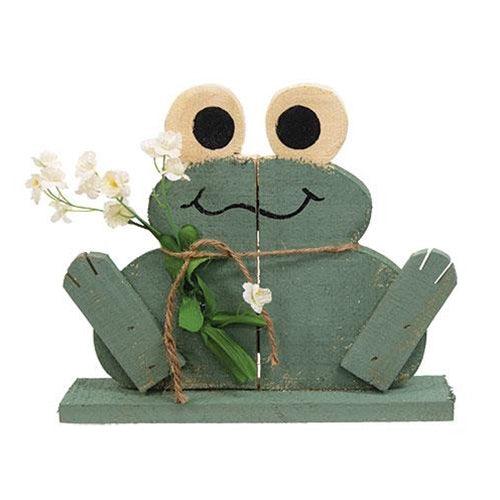 Rustic Wood Happy Frog on Base w Flowers - The Fox Decor