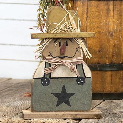 Rustic Wood Green Overalls Scarecrow on Base